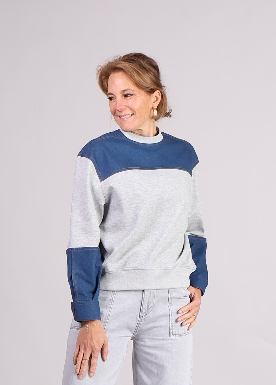 Co Couture CandizCC denim mix sweater grijs voorkant model