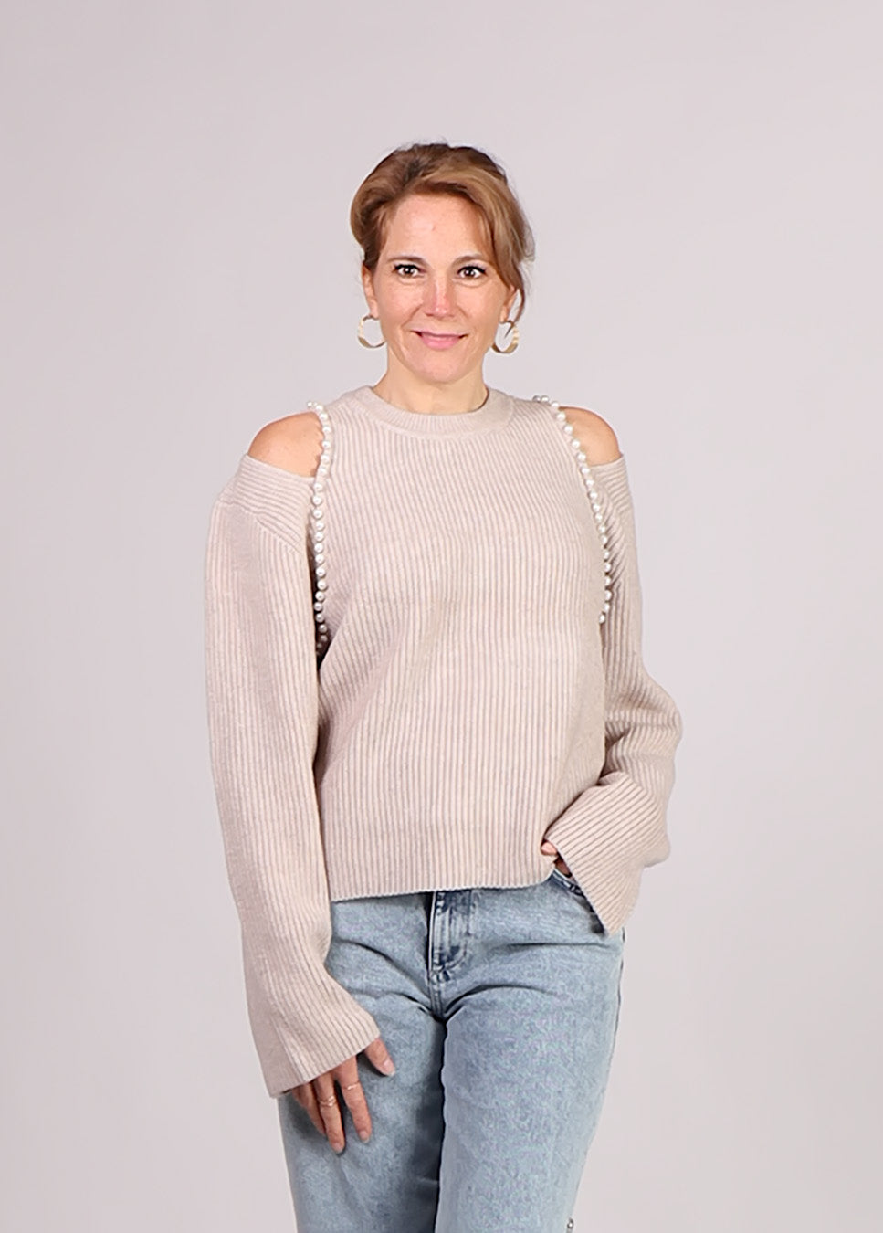 Co Couture RowCC Rib Pearl trui beige voorkant model