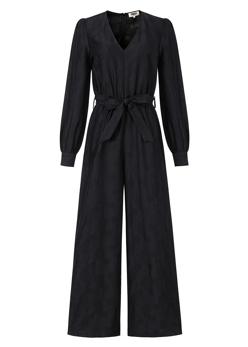 FRNCH CHC25695 zwarte jumpsuit met strikceintuur v-hals en pofmouw voorkant