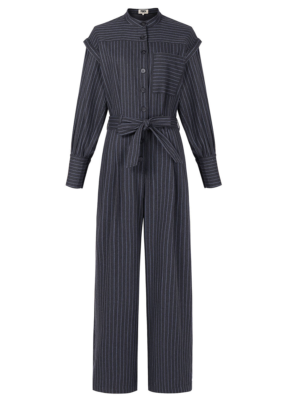 FRNCH CHC25714 jumpsuit gestreept met schouderdetails en strikceintuur grijs voorkant