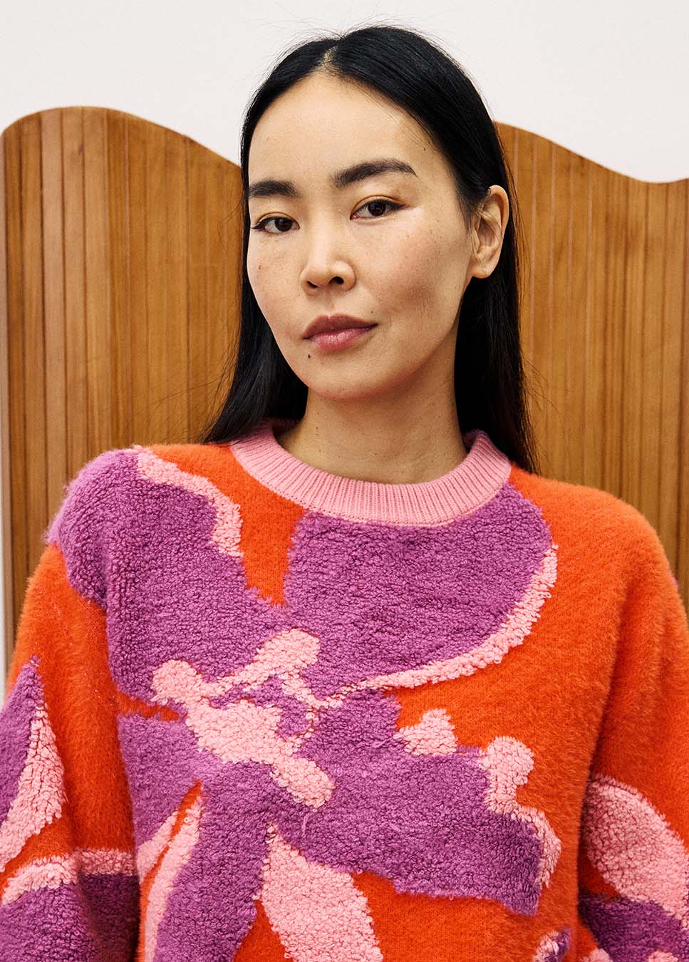 FRNCH CHM25771 trui bloemen print gebreid oranje detail model