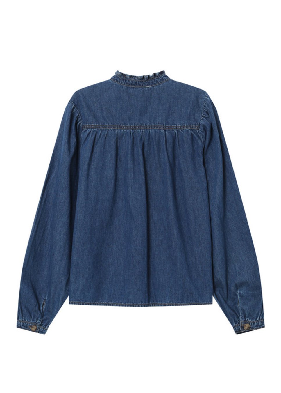 Product foto achterkant van de grace en mila salsa blouse denim blauw
