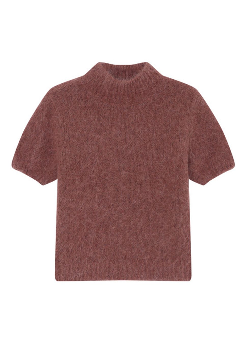 Product foto voorkant van de grace & mila saule trui fijn gebreid met korten mouwen in de kleur terracotta.