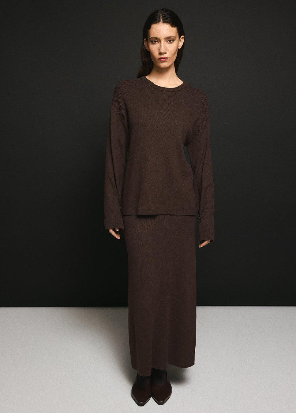 MSCH Copenhagen MSCHElfrida rok midi rib bruin voorkant model met bijpassende trui