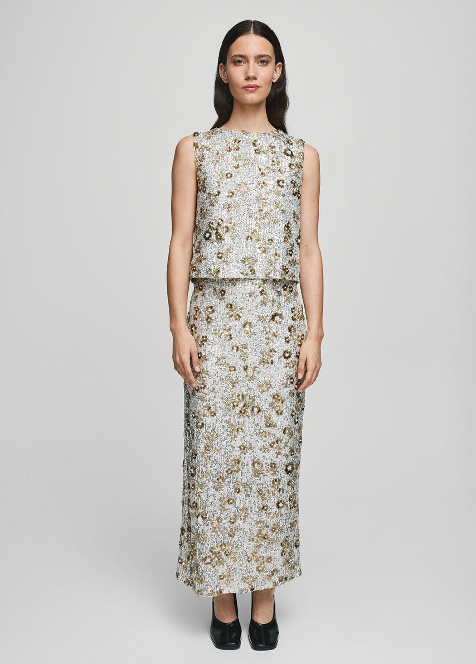 MSCH Copenhagen MSCHMagnolia HW Skirt midi pailletten zilver voorkant model met paillettentop