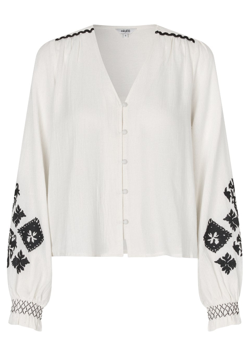 Voorkant product foto van de beige met zwarte mbyM Kanja-M blouse