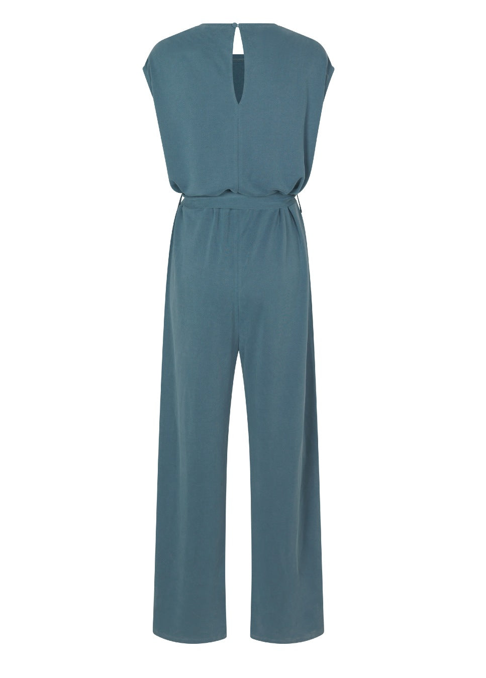 Achterkant van de blauwe Loosey_m Jumpsuit mbyM met ceintuur en knoopsluiting