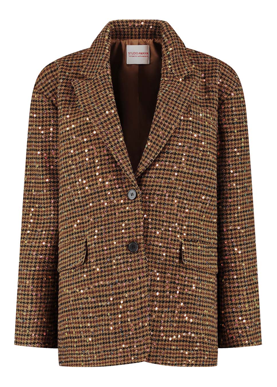 Studio Amaya Midnight blazer geruit met pailletten bruin voorkant
