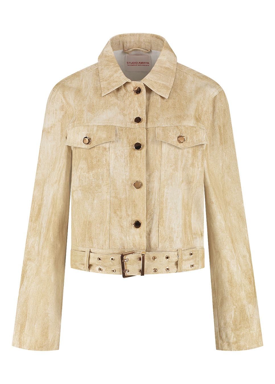 Studio Amaya Solene jasje denim met ceintuur beige voorkant