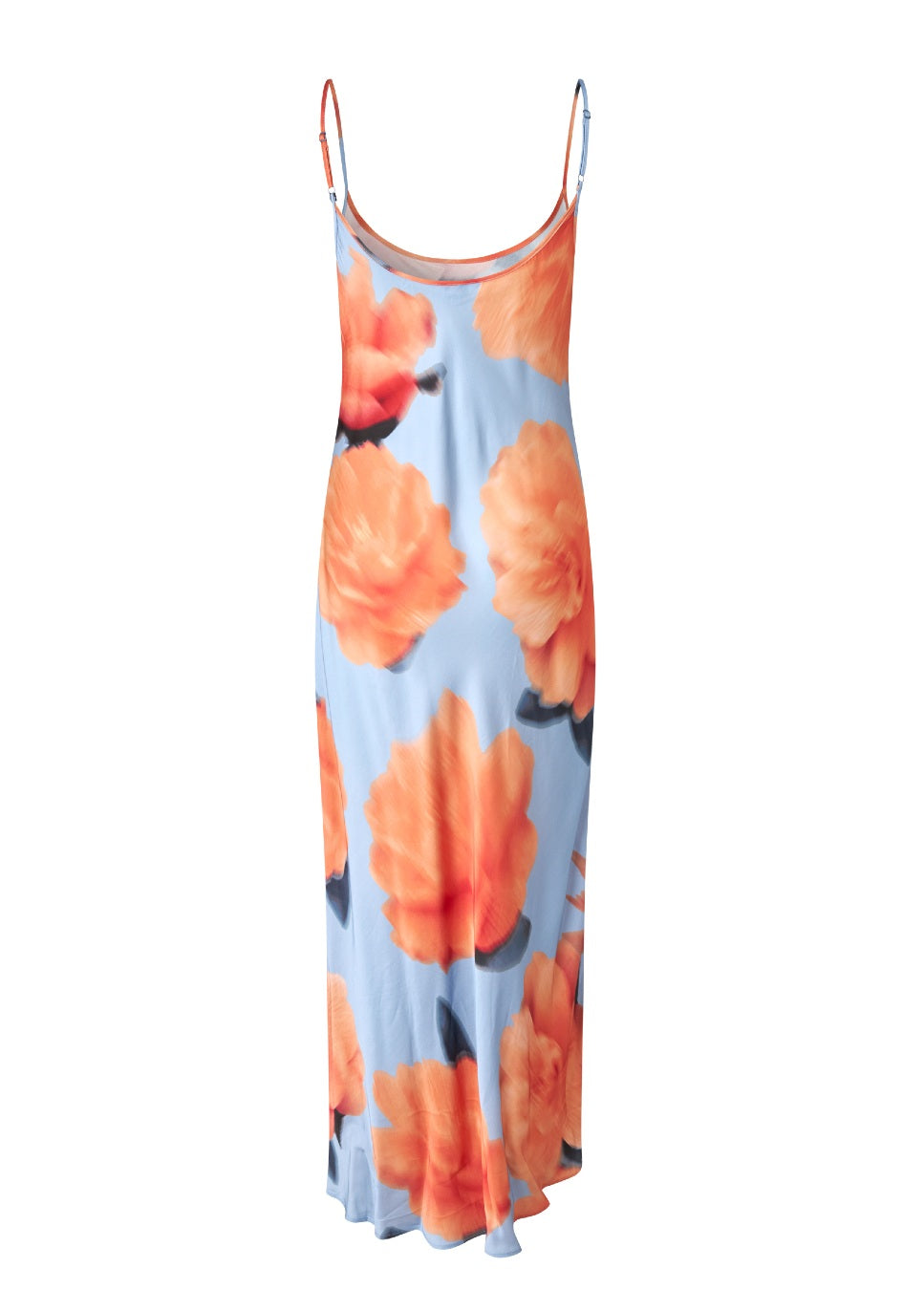 product foto van de achterkant van de mbyM jurk Bellah M, blauw oranje, bloemenprint.