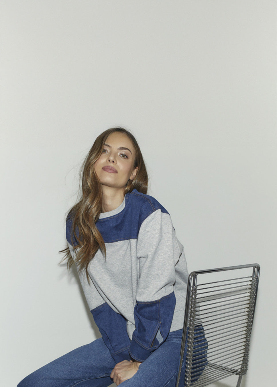 Co Couture CandizCC denim mix sweater grijs voorkant model met jeans