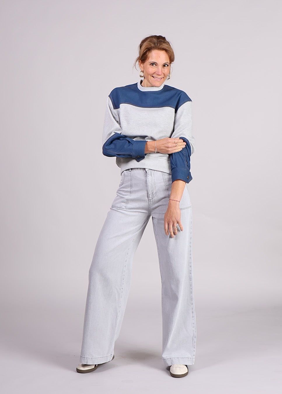 Co Couture CandizCC denim mix sweater grijs voorkant model met grijze jeans