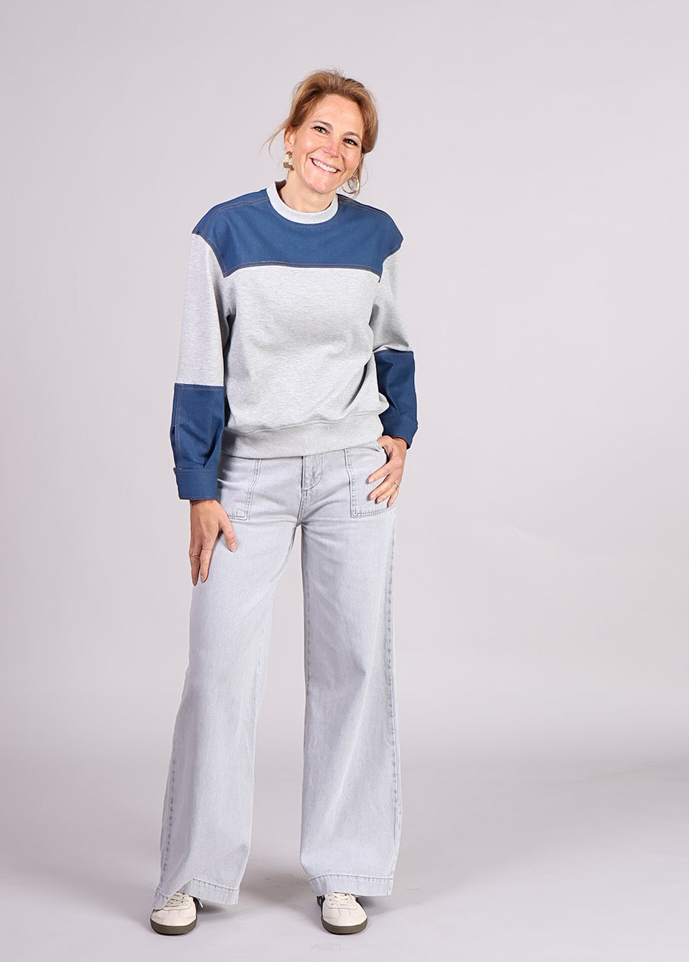 Co Couture CandizCC denim mix sweater grijs voorkant model staand