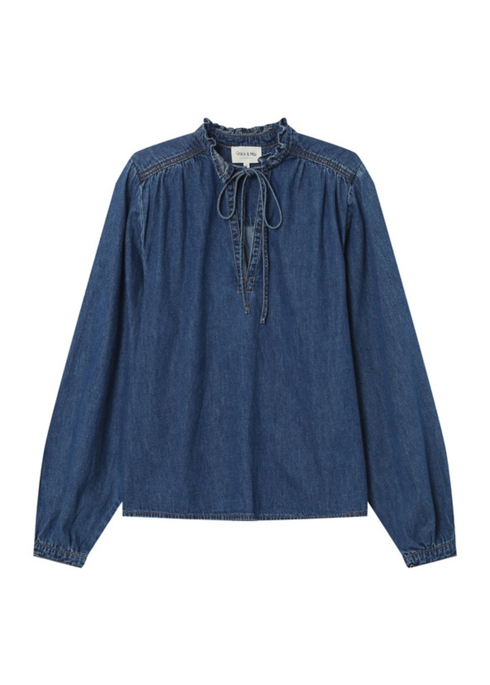 Voorkant product foto van de Grace en Mila Salsa blouse denim blauw van kleur