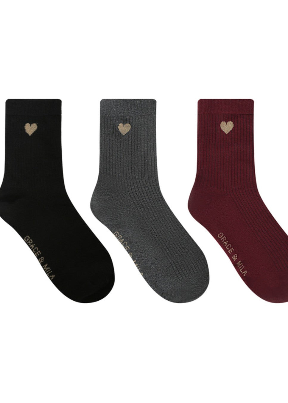 shelby Grace & Mila sokken giftbox drie paar in zwart grijs en bordeaux met hart