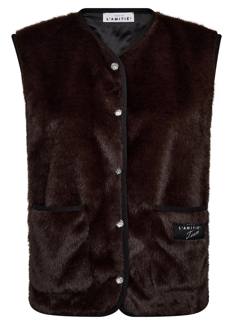 Haute L’Amitié faux fur tech vest gilet bruin voorkant mocca