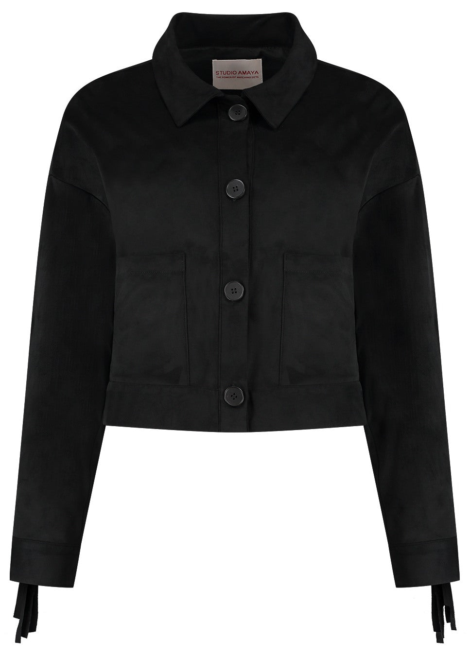 zwart suede ilva jasje studio amaya amsterdam met franjes product foto