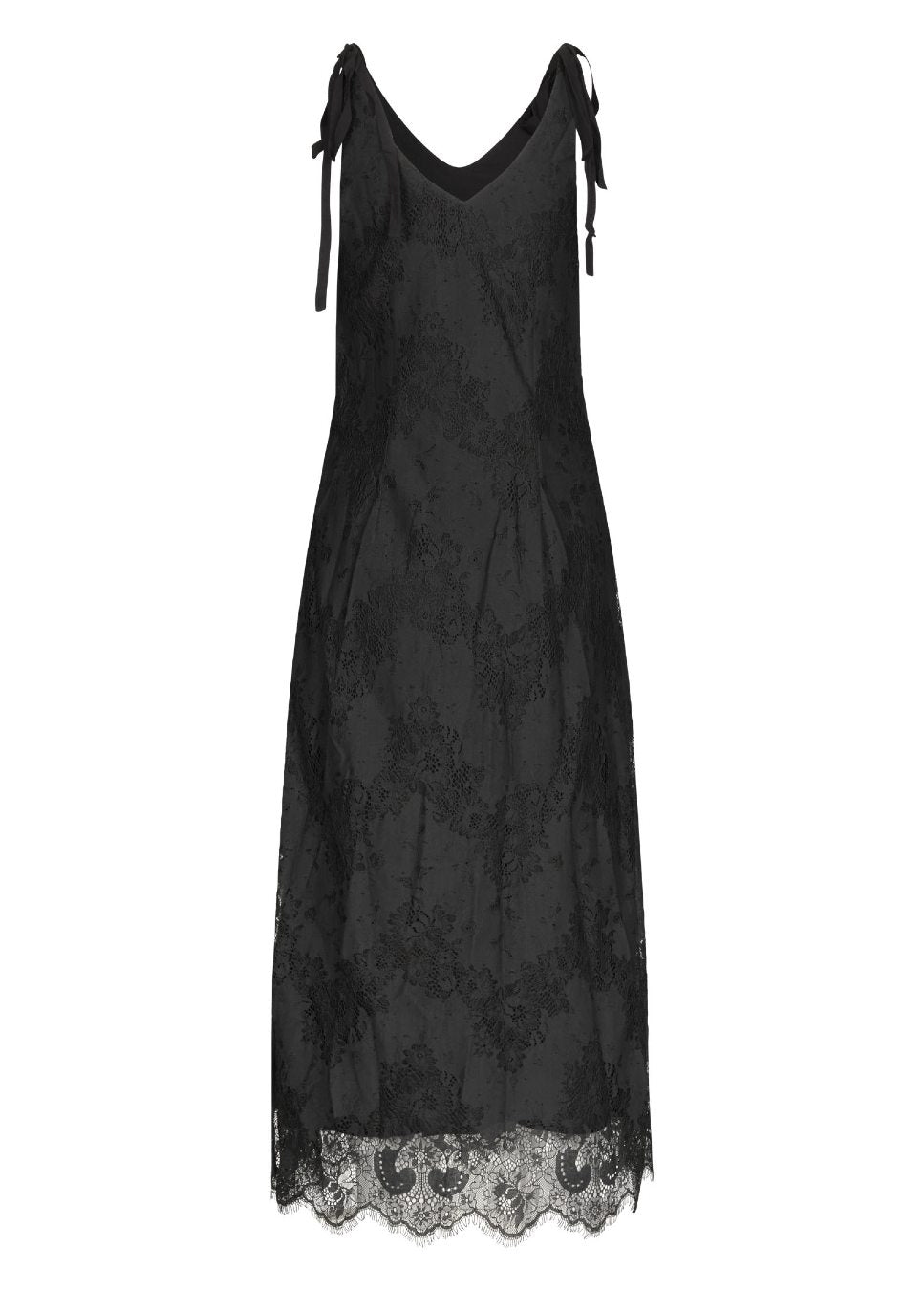 Zwarte jurk Benecia I Perfect voor een feestje, deze mooie zwarte jurk Benecia van het merk mbyM. De zwarte lange jurk heeft dunne bandjes die je kunt strikken waardoor de jurk in lengte verstelbaar is. De zwarte jurk heeft een V-hals hals voor en achter en mooie kanten details. Zwarte kanten jurken bij Boetiek Aniek.